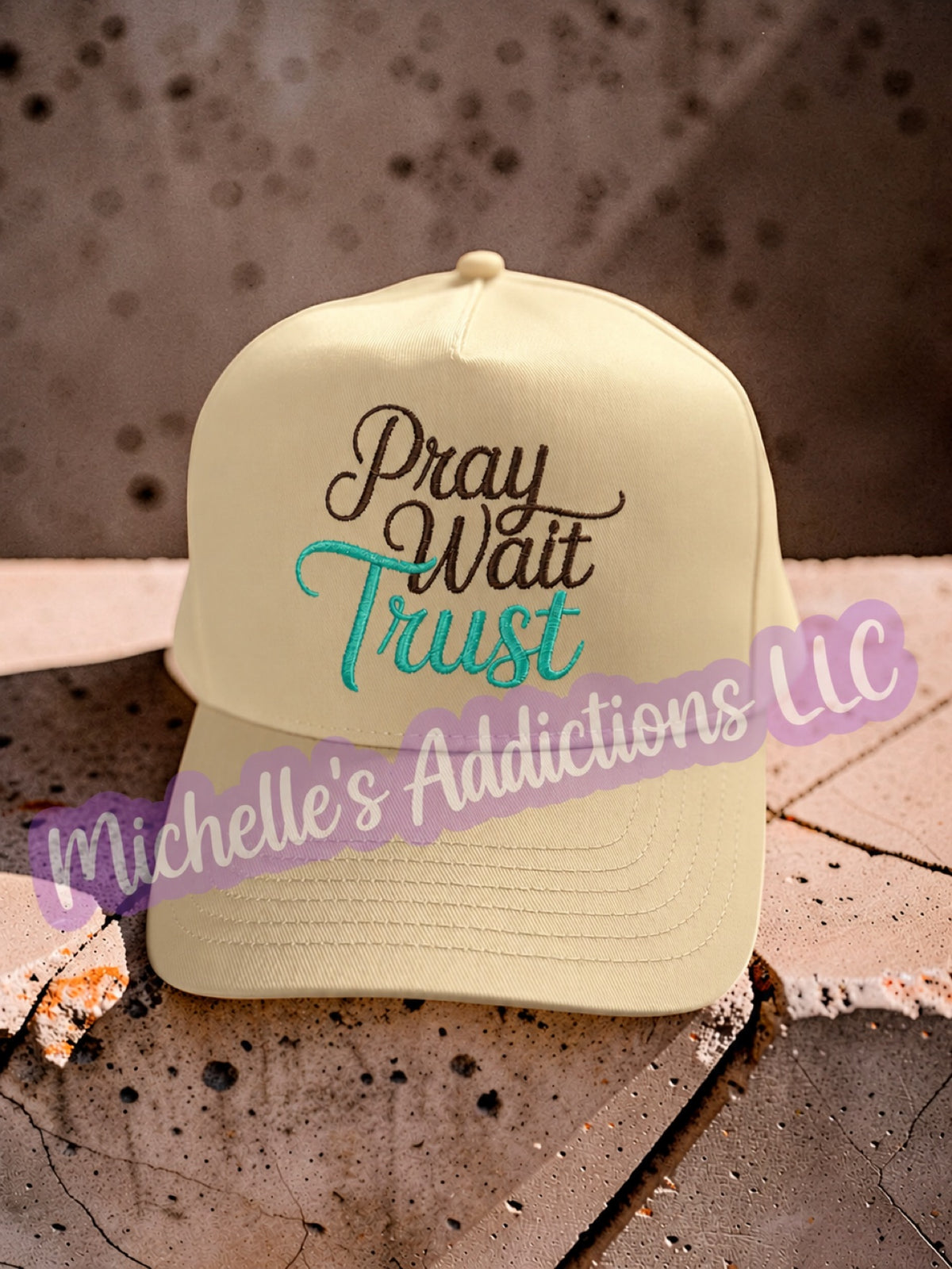 Cream trucker hat embroidered Pray Wait Trust